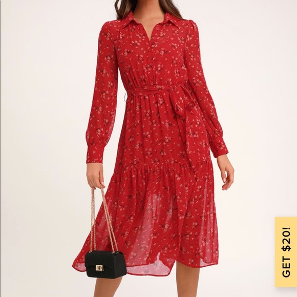 Flirt fest red floral print long sleeve midi - Picture 4 of 7